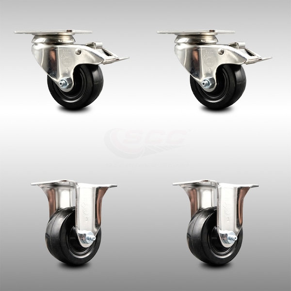 3 Inch 316SS Hard Rubber Wheel Swivel Top Plate Caster Lock Brake 2 Rigid, 2PK